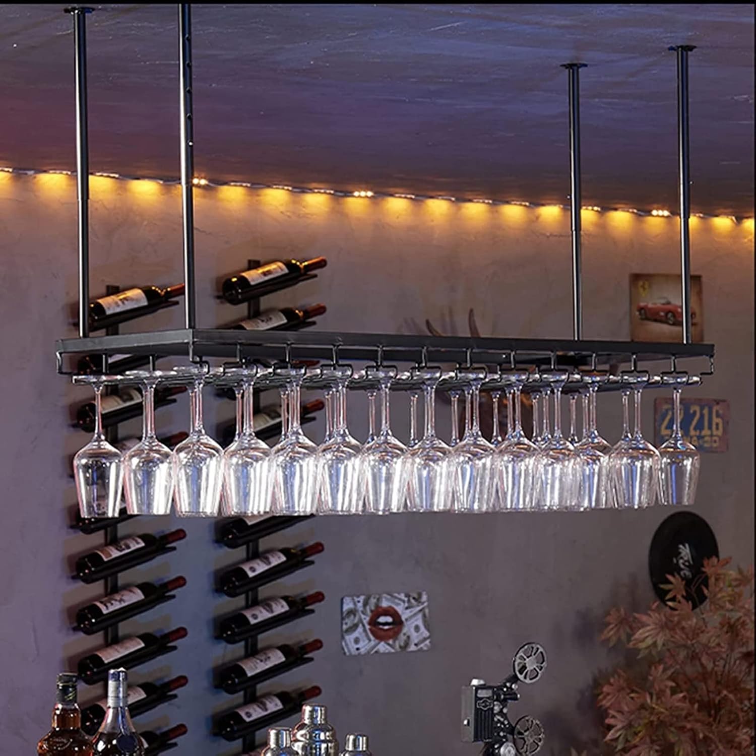 Adjustable Ceiling Wine Glass Rack - 118-236In Black Metal Holder