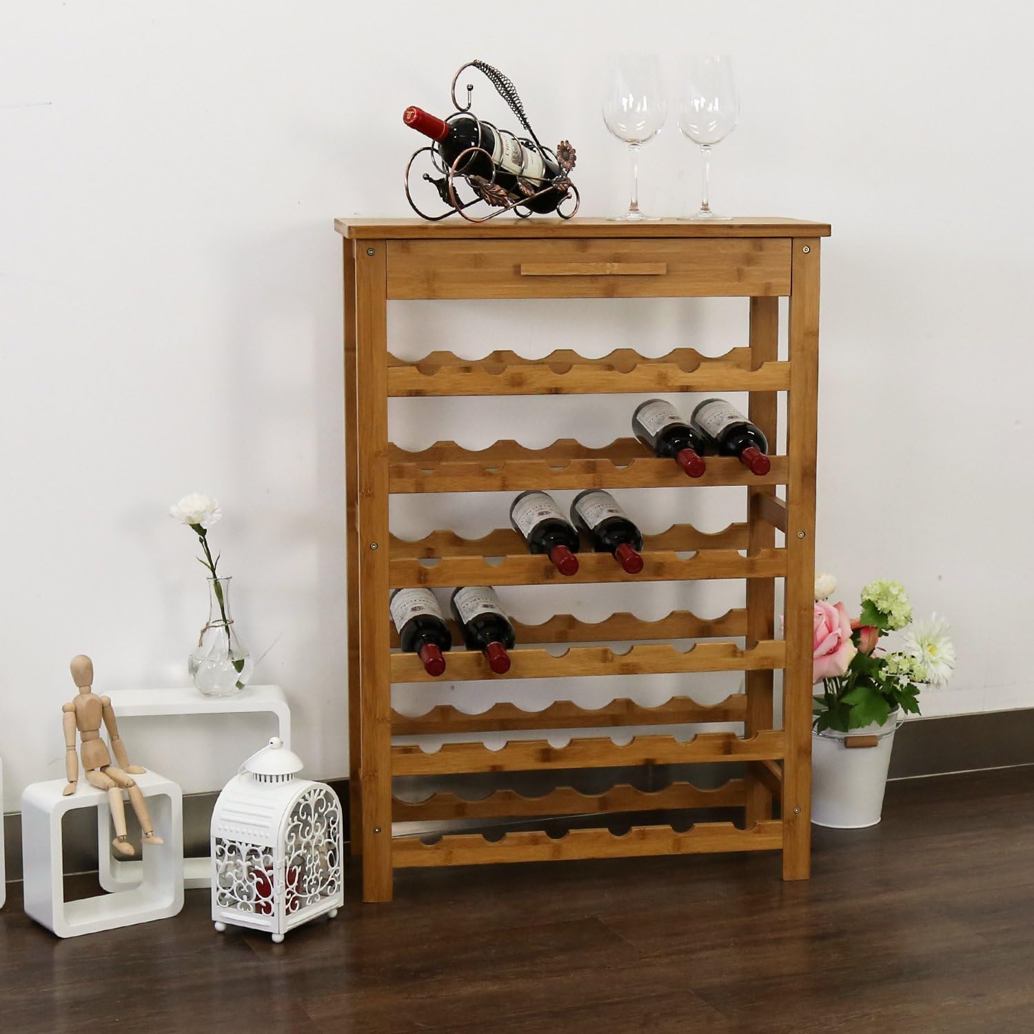 Peachtree Audio 36-Bottle Bamboo Wine Rack with Drawer 1