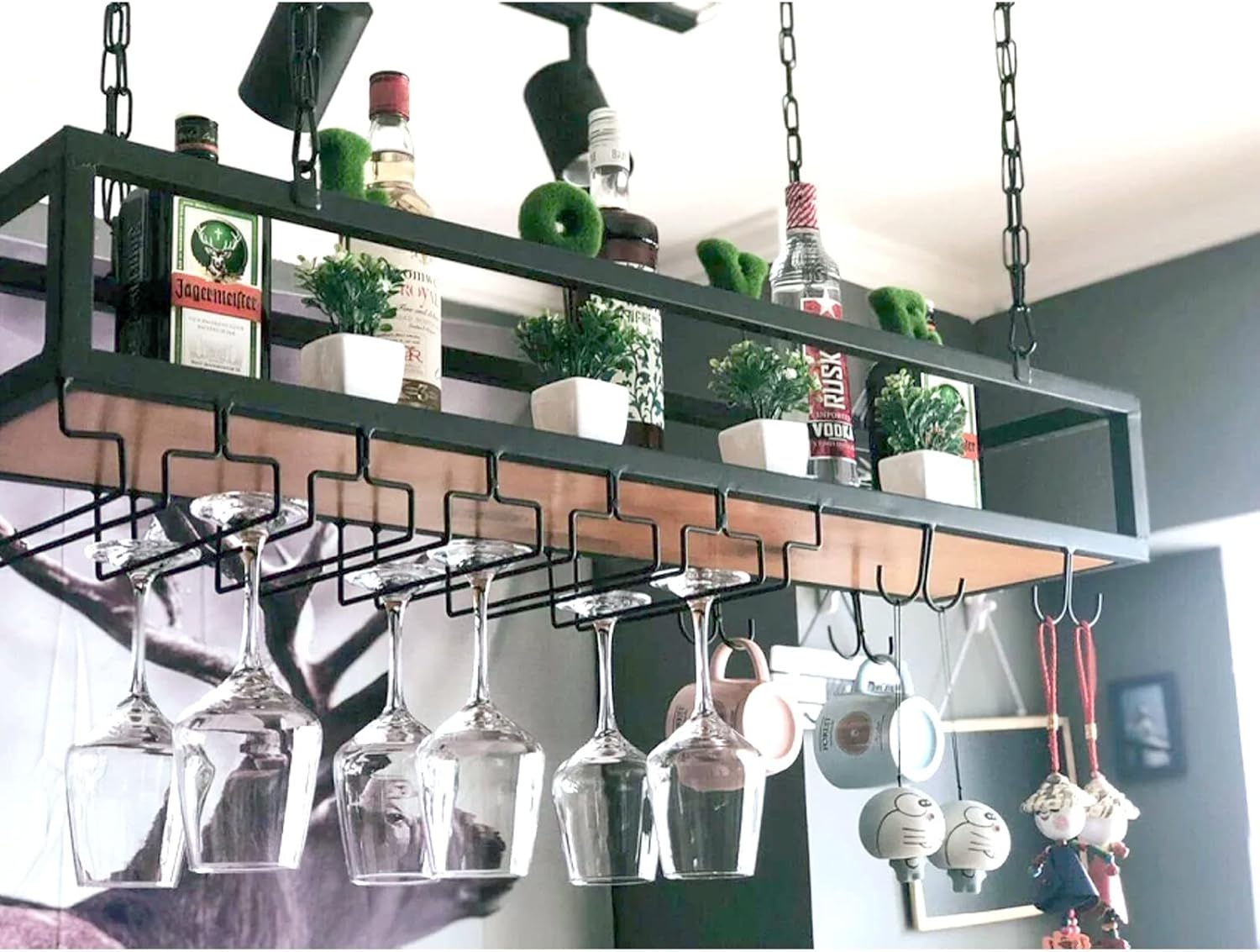 Adjustable Ceiling Wine Shelf with Glass Durable Metal Stand Wall-Mounted Organizer
