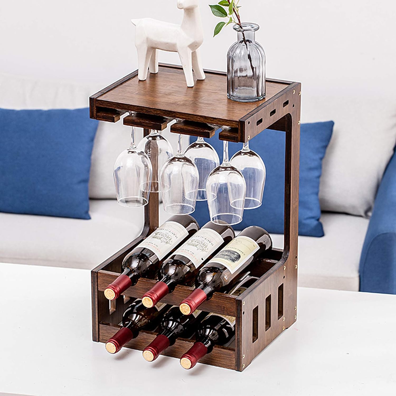 Bamboo Wine Rack Holder 6 Bottles 2 Rows Walnut