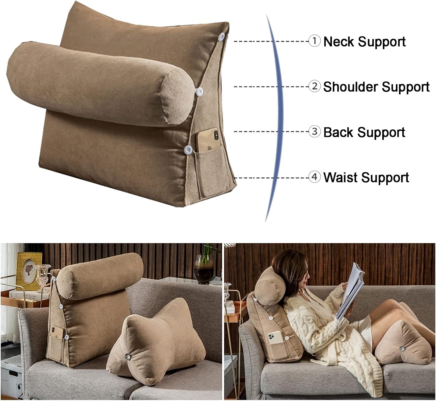 Reading Pillow Back Support Bolster for Bed Sofa Office Chair