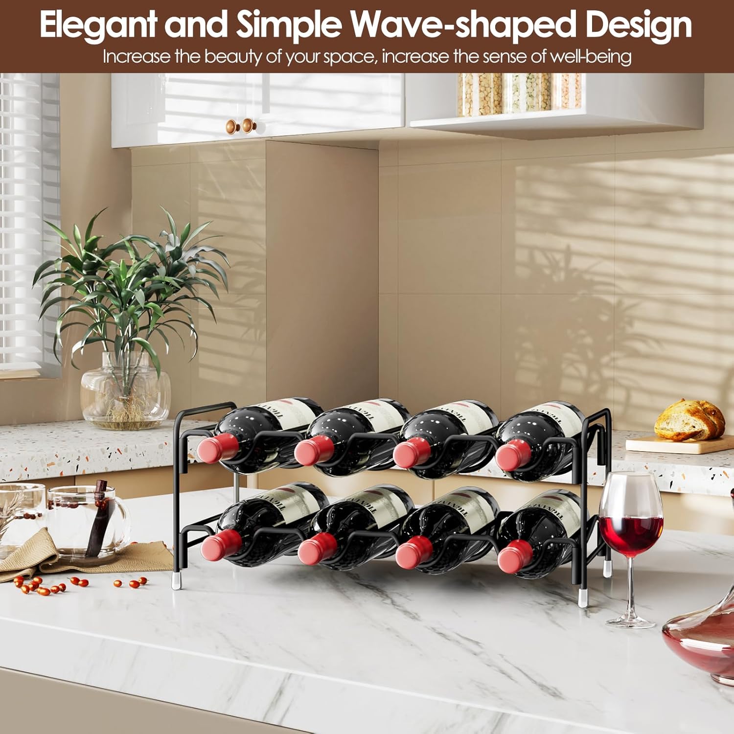 Nuovoware Double Wave Wine Rack 8 Bottle 2 Tier Black