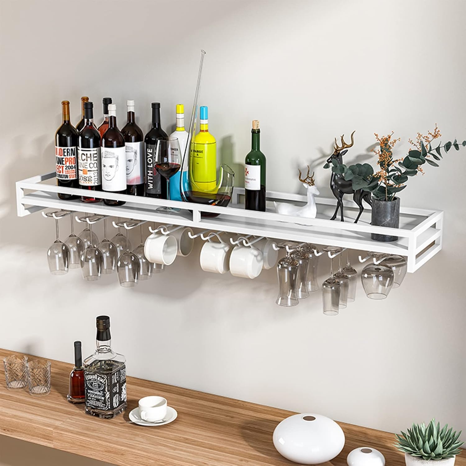 Suuim Wall-Mounted Wine Holder with Stemware and Bottle Racks White