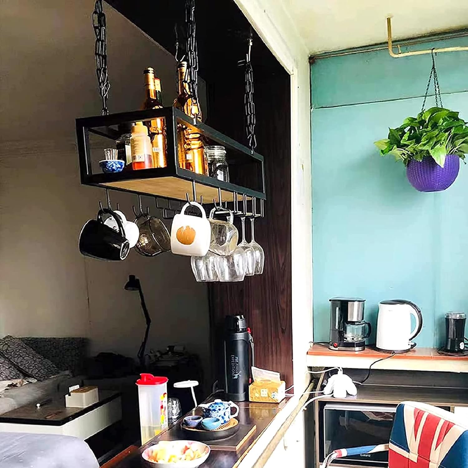 Adjustable Ceiling Wine Shelf with Glass Durable Metal Stand Wall-Mounted Organizer