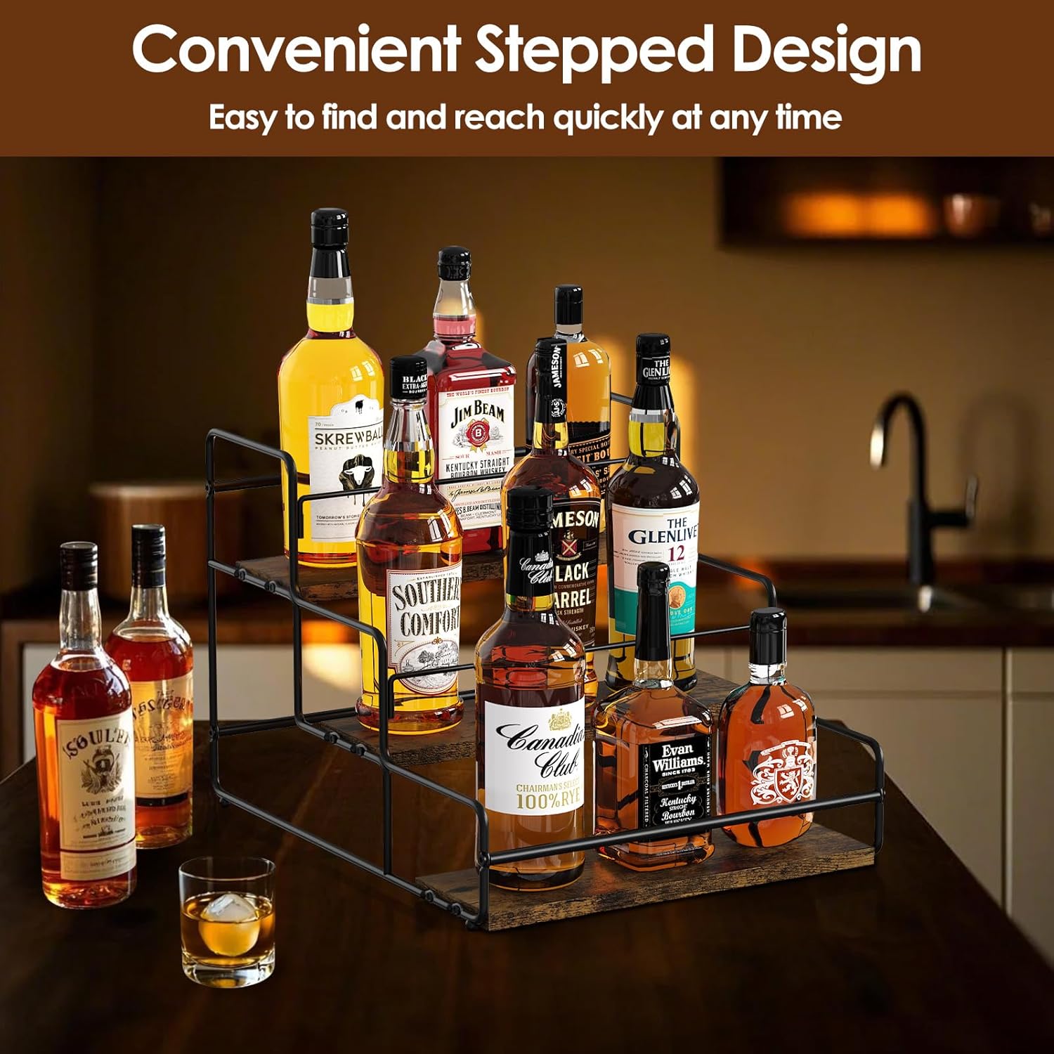 Nuovoware 3-Tier Liquor Display Shelf with Wooden Base