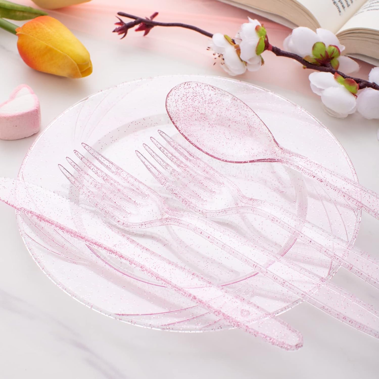WDF 360 Pink Glitter Plastic Cutlery Set 1