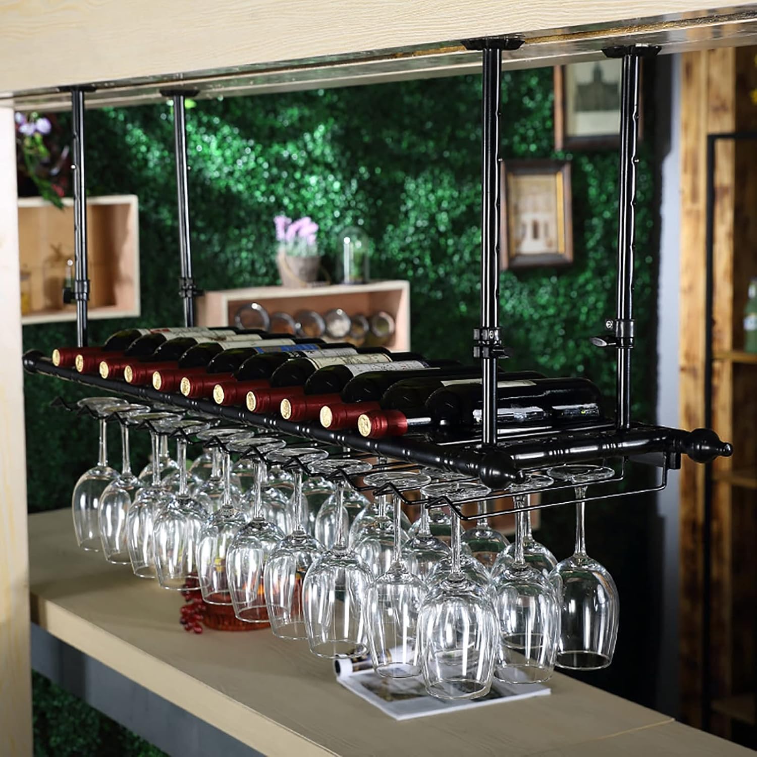 ULAINE Industrial Metal Wine Rack Adjustable Ceiling Holder Black 80cm