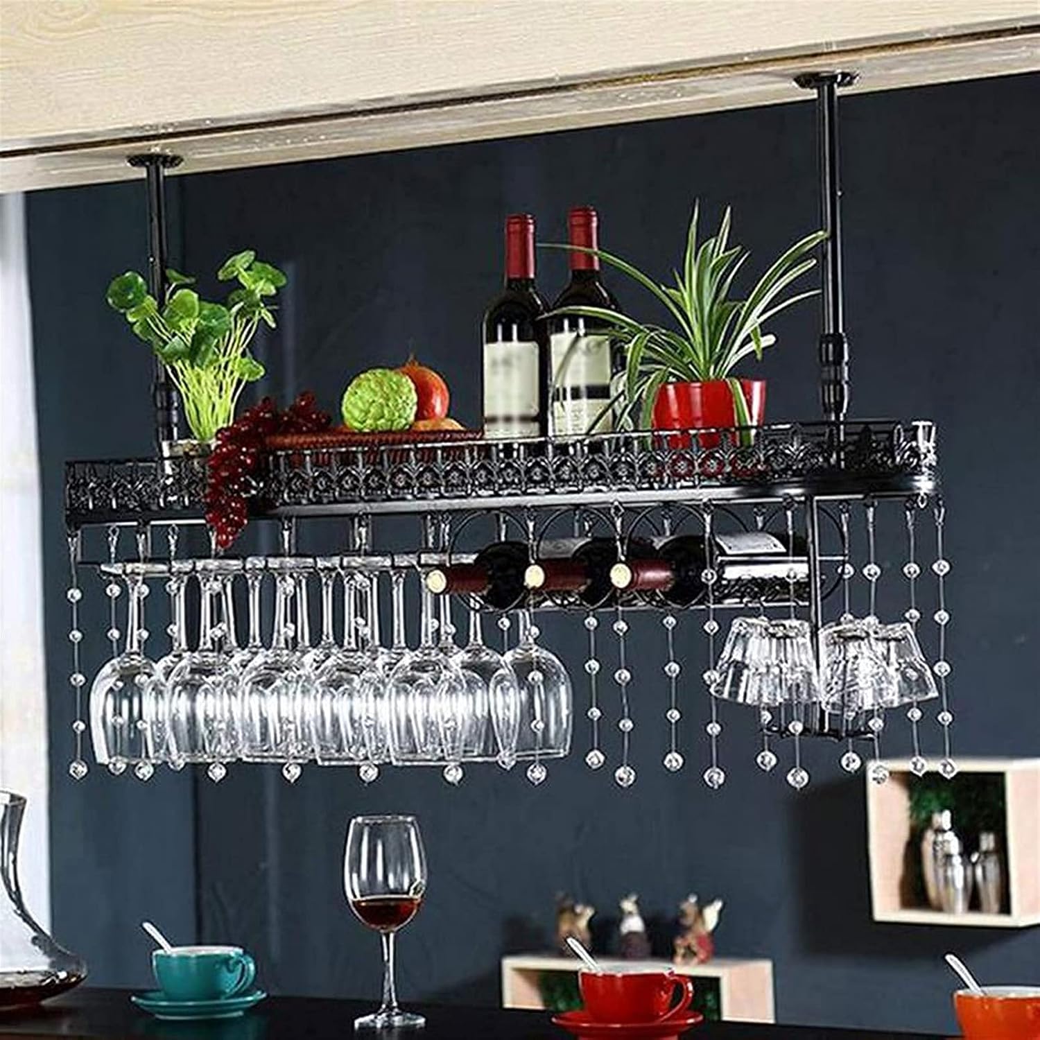 Wall Mounted Wine Rack with Crystal Pendant for Bars and Kitchens