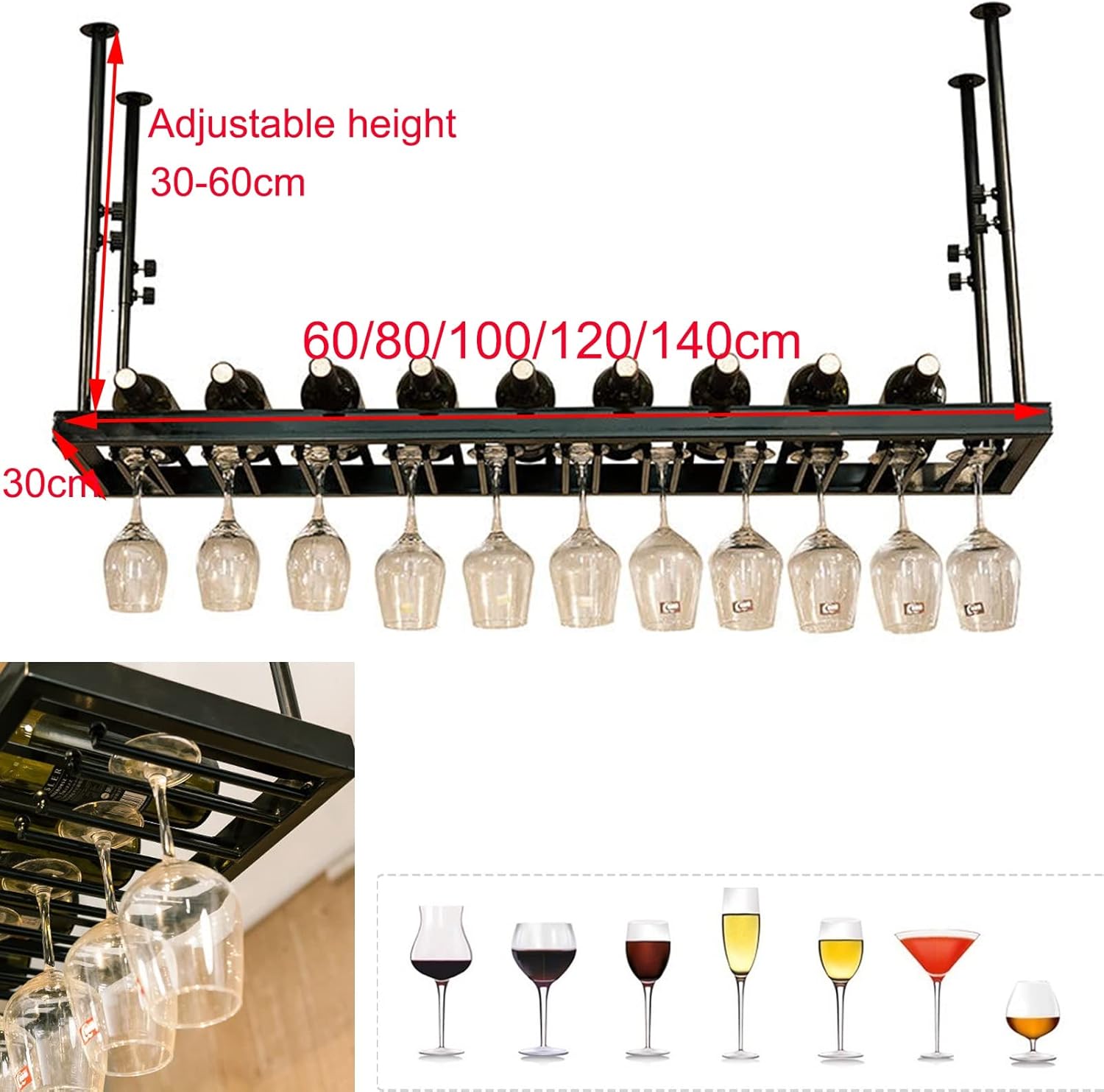 Suuim Ceiling Wine Racks Metal Adjustable Holder for Kitchen Bar