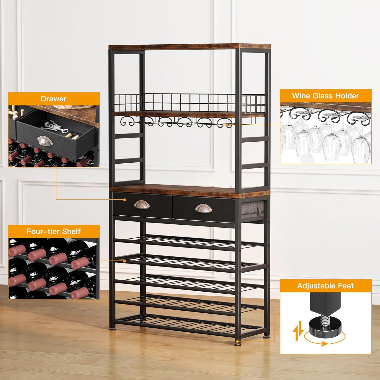 Homeiju 6-Tier Freestanding Wine Cabinet with Drawer and Storage
