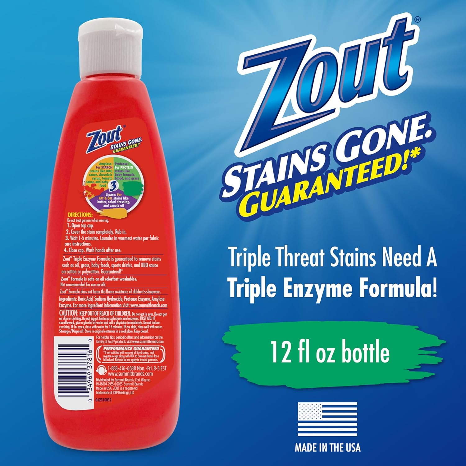 Zout Triple Enzyme Stain Remover 12 Ounce Squeeze Bottle
