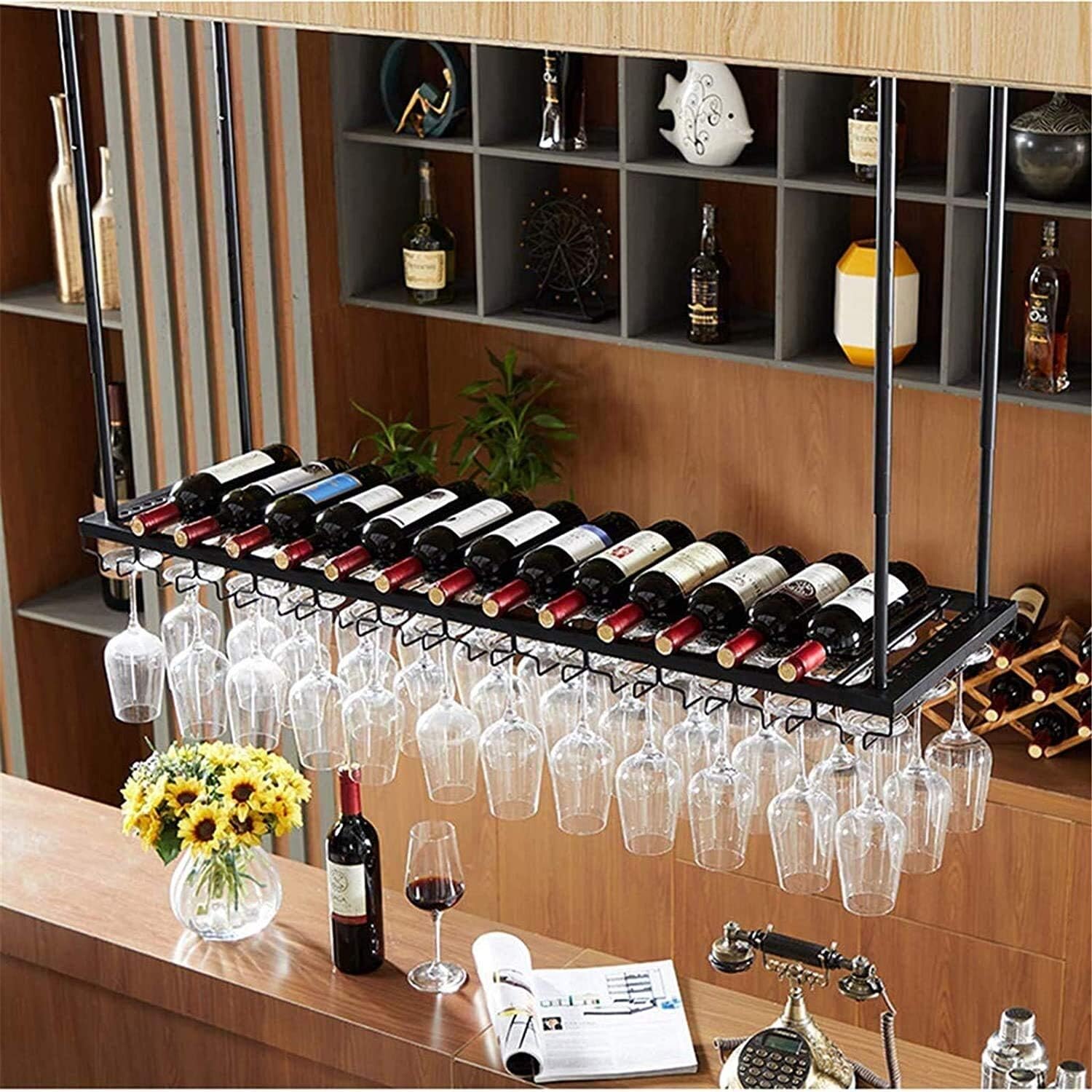 Ceiling Wine Rack with Glass Holder 60In