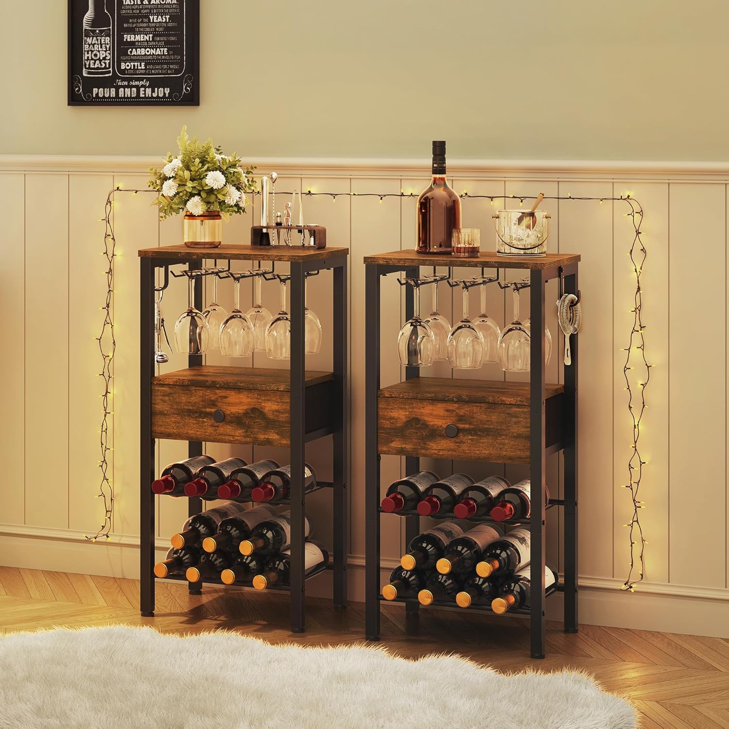 Tajsoon Freestanding 2-Tier Wine Rack with Drawer and Hook