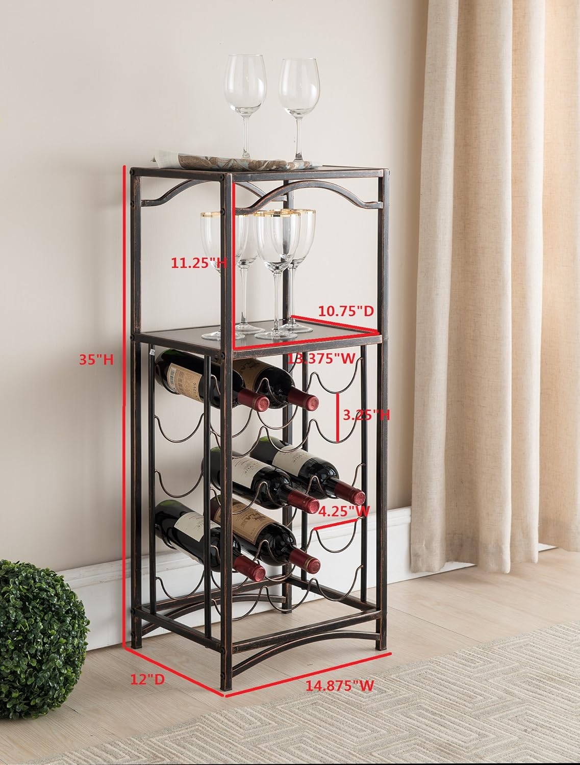 KB Designs - 15 Bottle Metal Wine Rack Stand with 2 Shelves