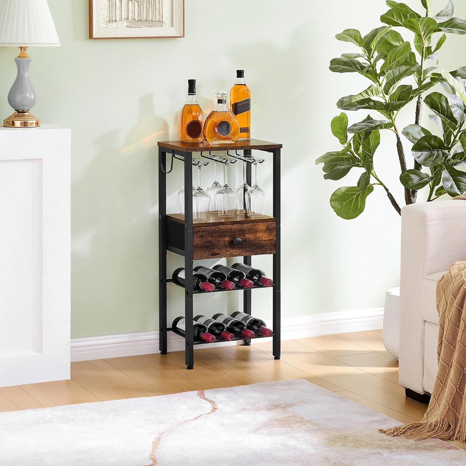 Tajsoon Freestanding 2-Tier Wine Rack with Drawer and Hook