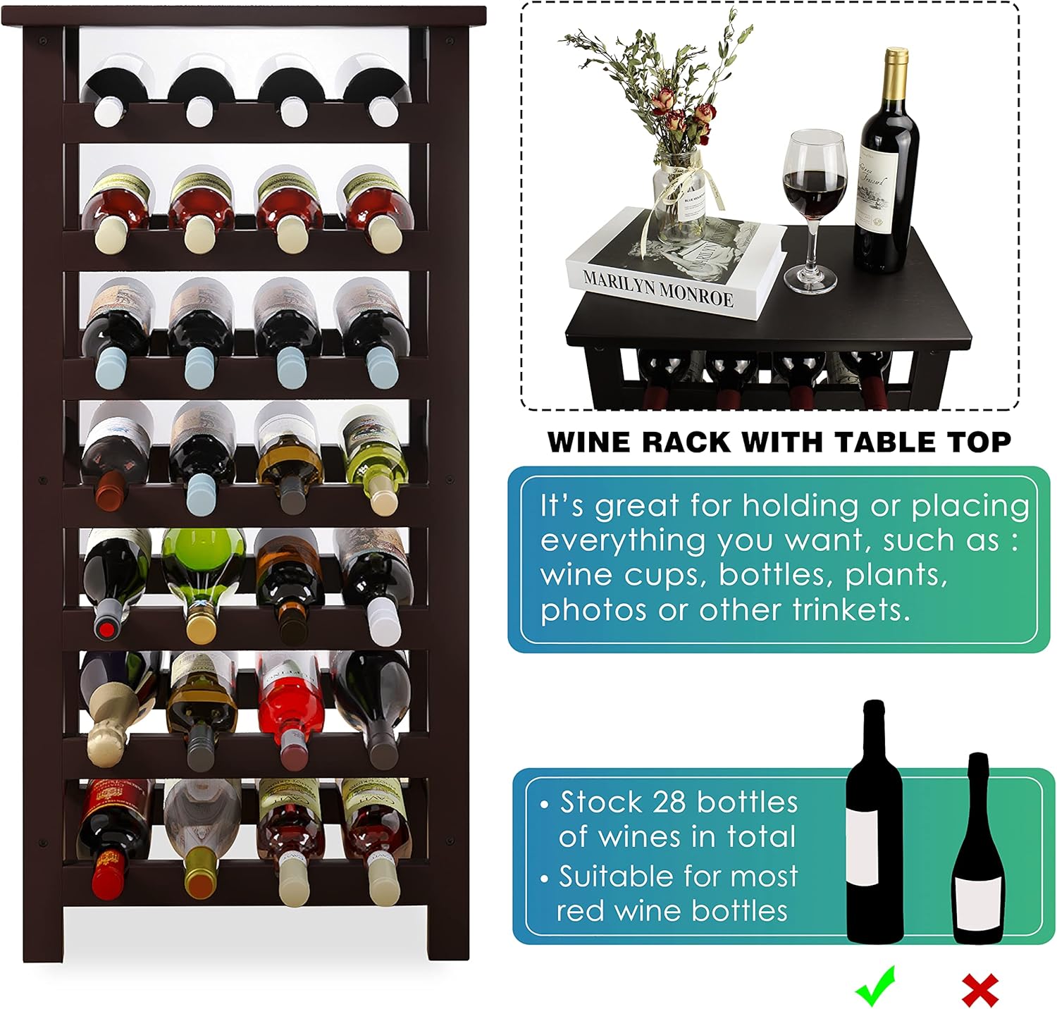 SMIBUY 28 Bottles 7-Tier Bamboo Wine Rack with Table Top