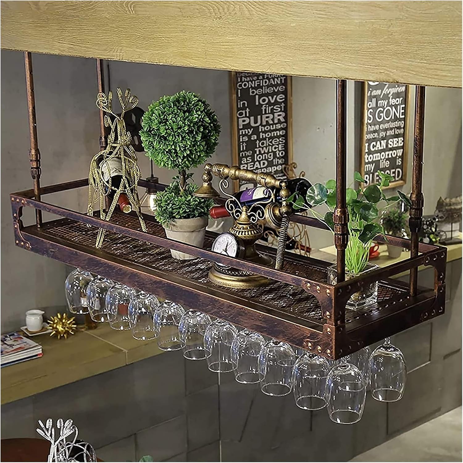 Suuim Hanging Wine Rack with Glass Holder and Shelf 1