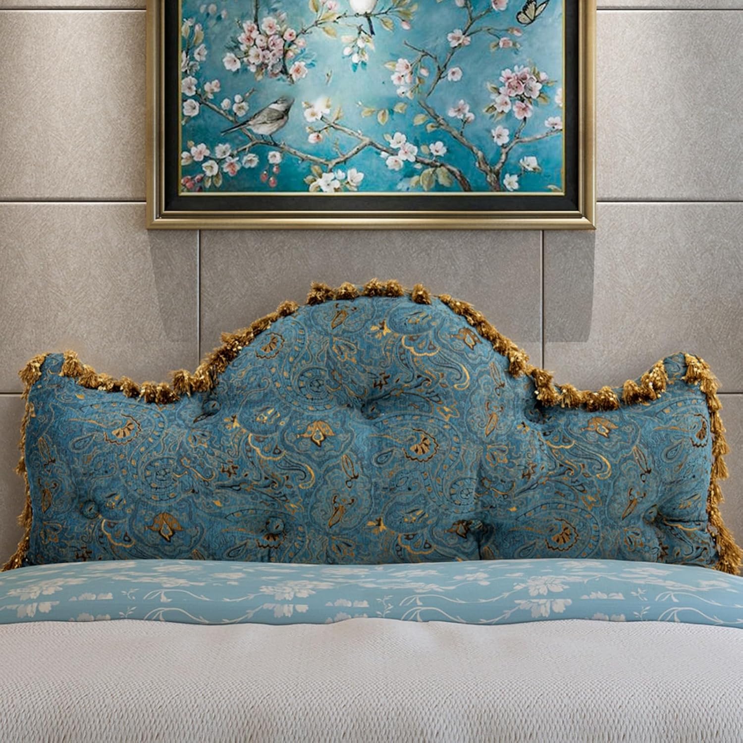 Rucener Euro Headboard Pillow Queen Size Blue with Gold Design
