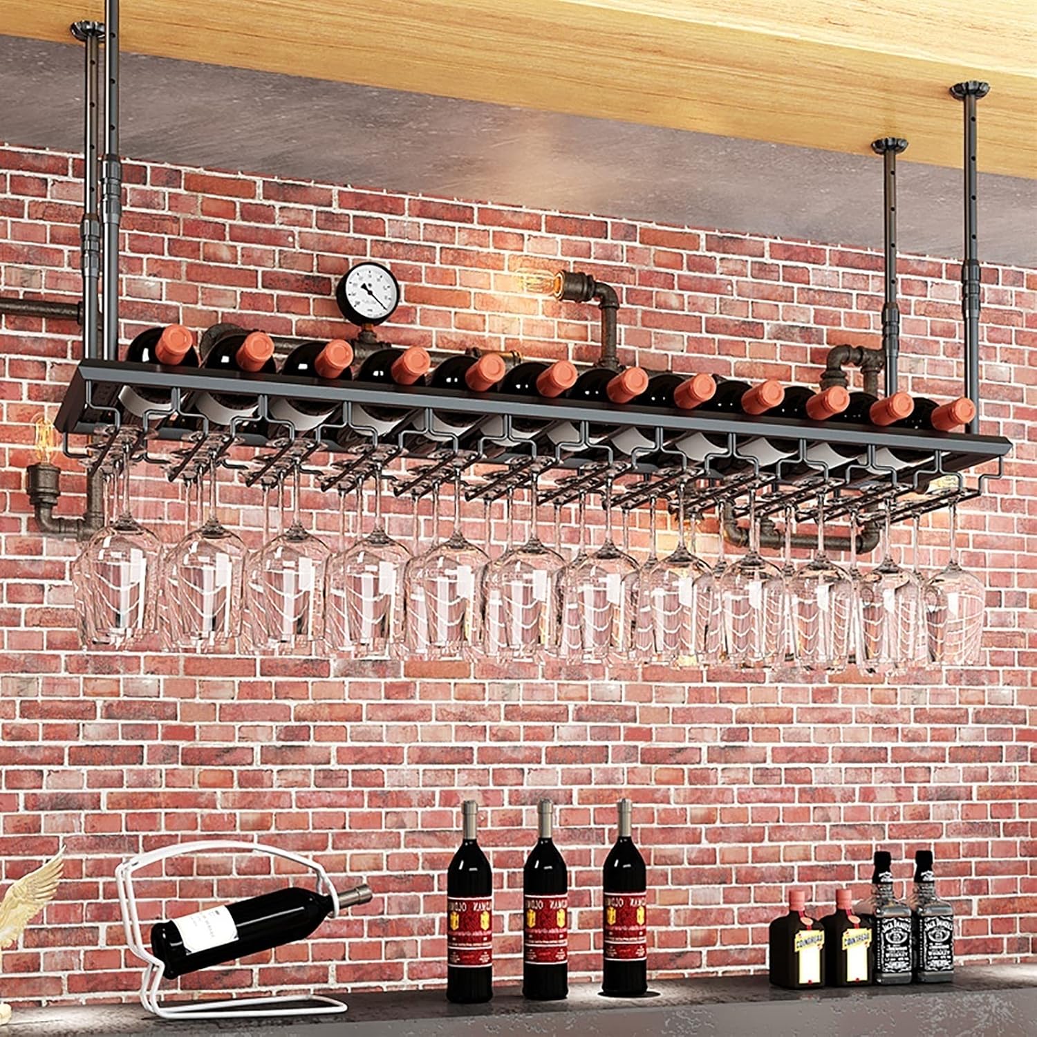 ULAINE Ceiling Wine Racks Adjustable Height Rustic Design Space-Saving Holder