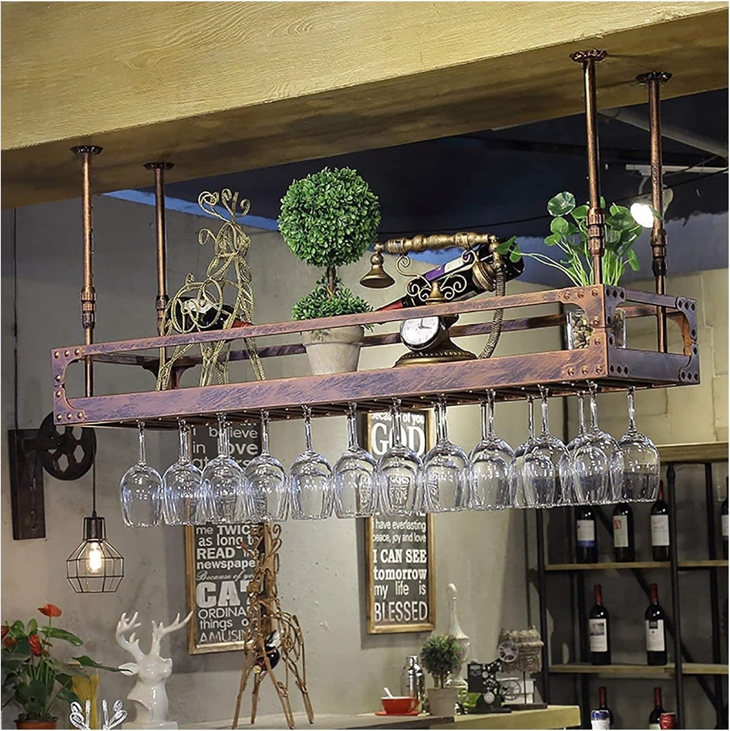 Suuim Hanging Wine Rack with Glass Holder and Shelf 1