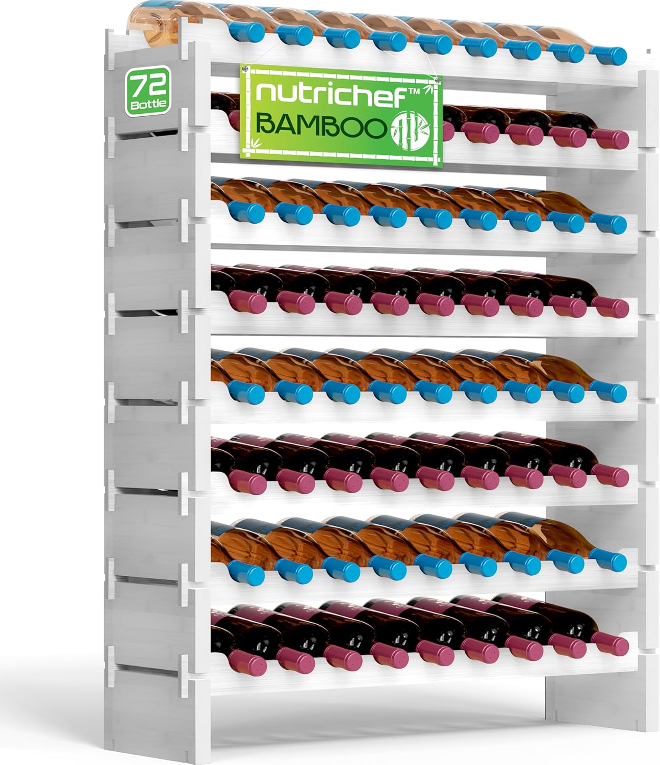 NutriChef Bamboo 8-Tier Wine Rack 72 Bottle Capacity Free Standing