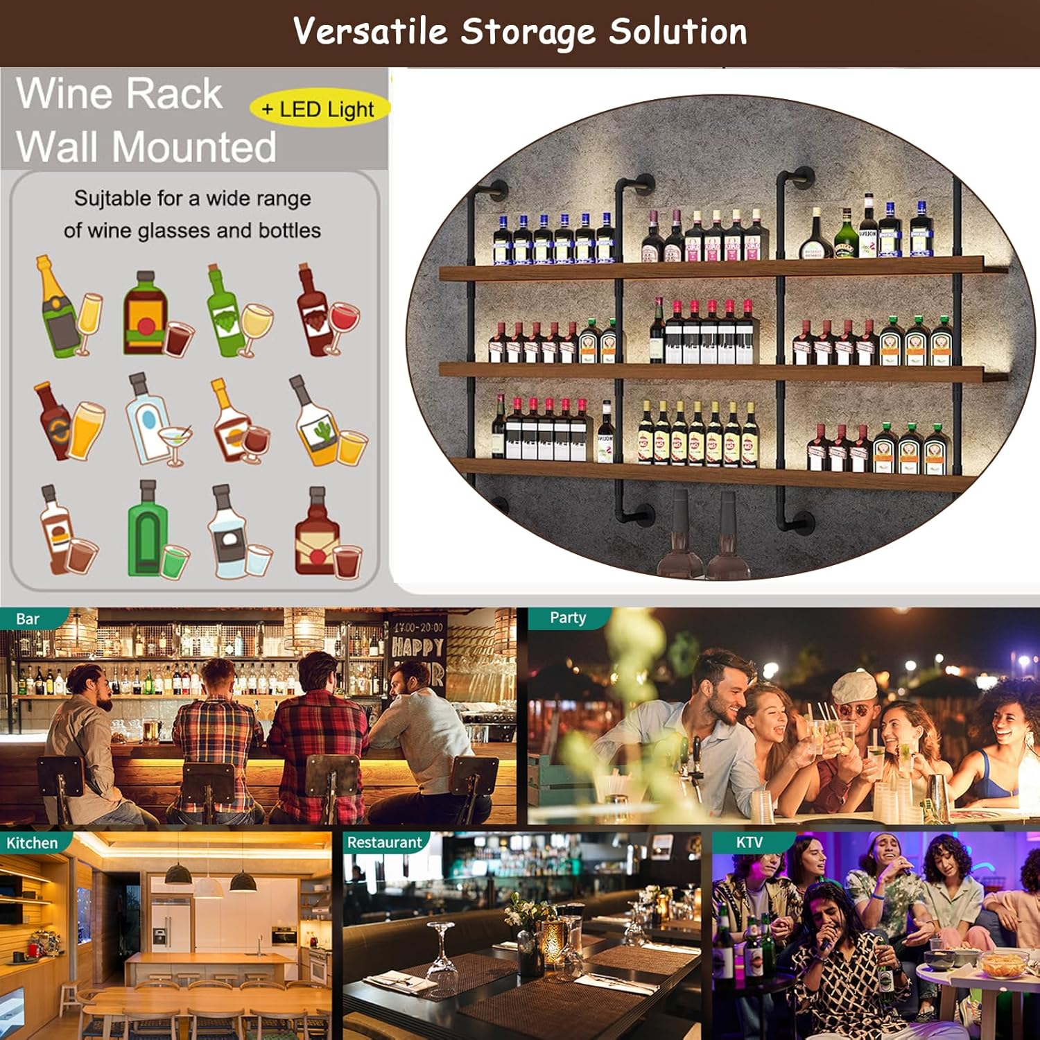 Dawselod 397in Wall Mounted Wine Rack with LED Light