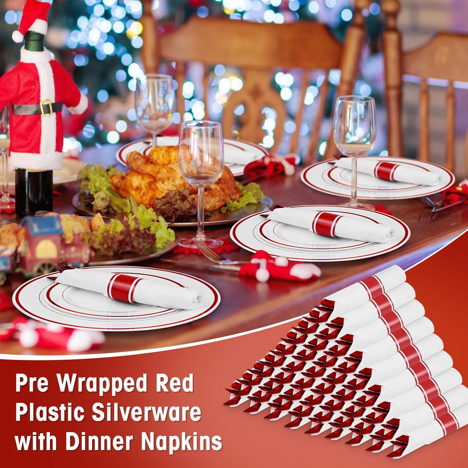 100Pack Red Pre-Rolled Plastic Cutlery Set with Napkins