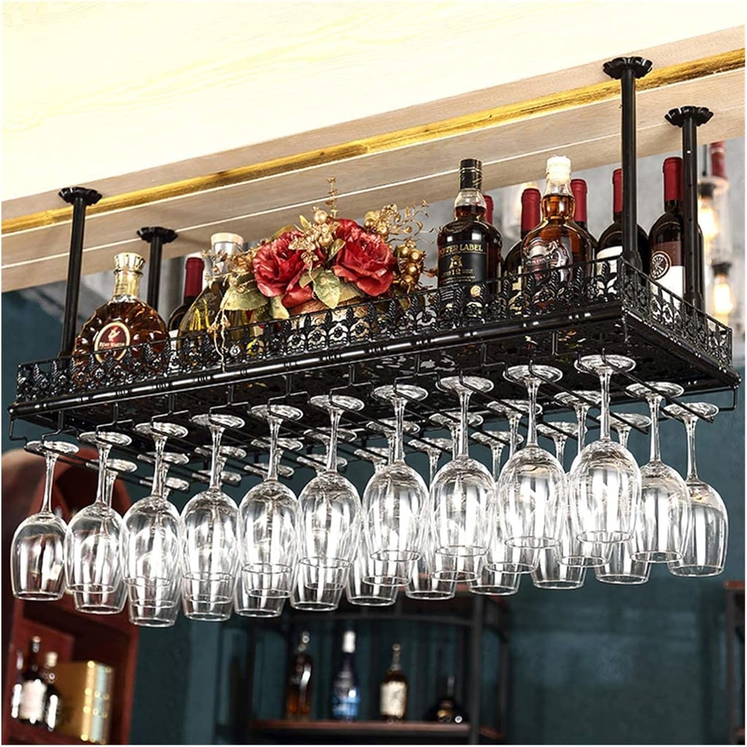 ALDEPO Wall-Mounted Wine Rack with Glass Holder Black Decor