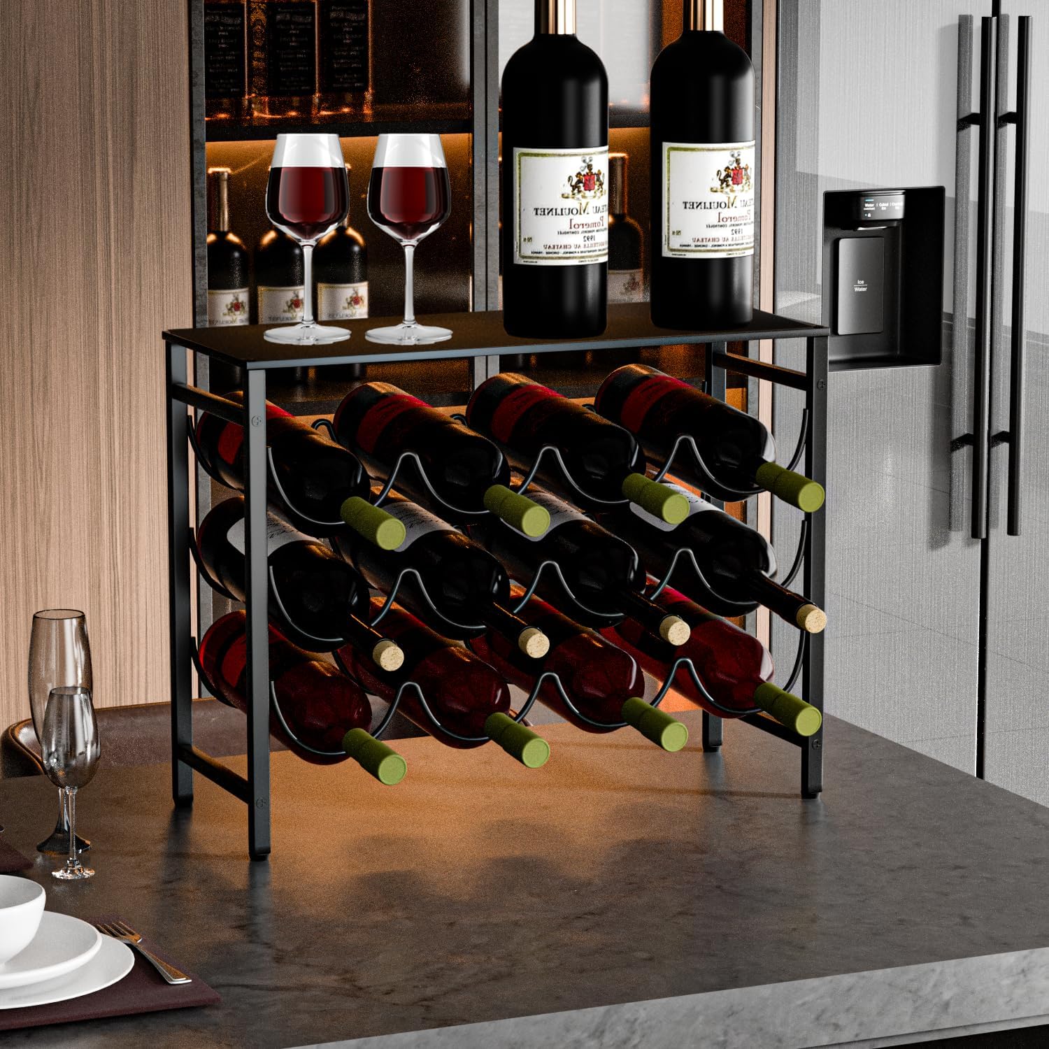 12 Bottles Waved Standing Floor Wine Rack Organizer Black