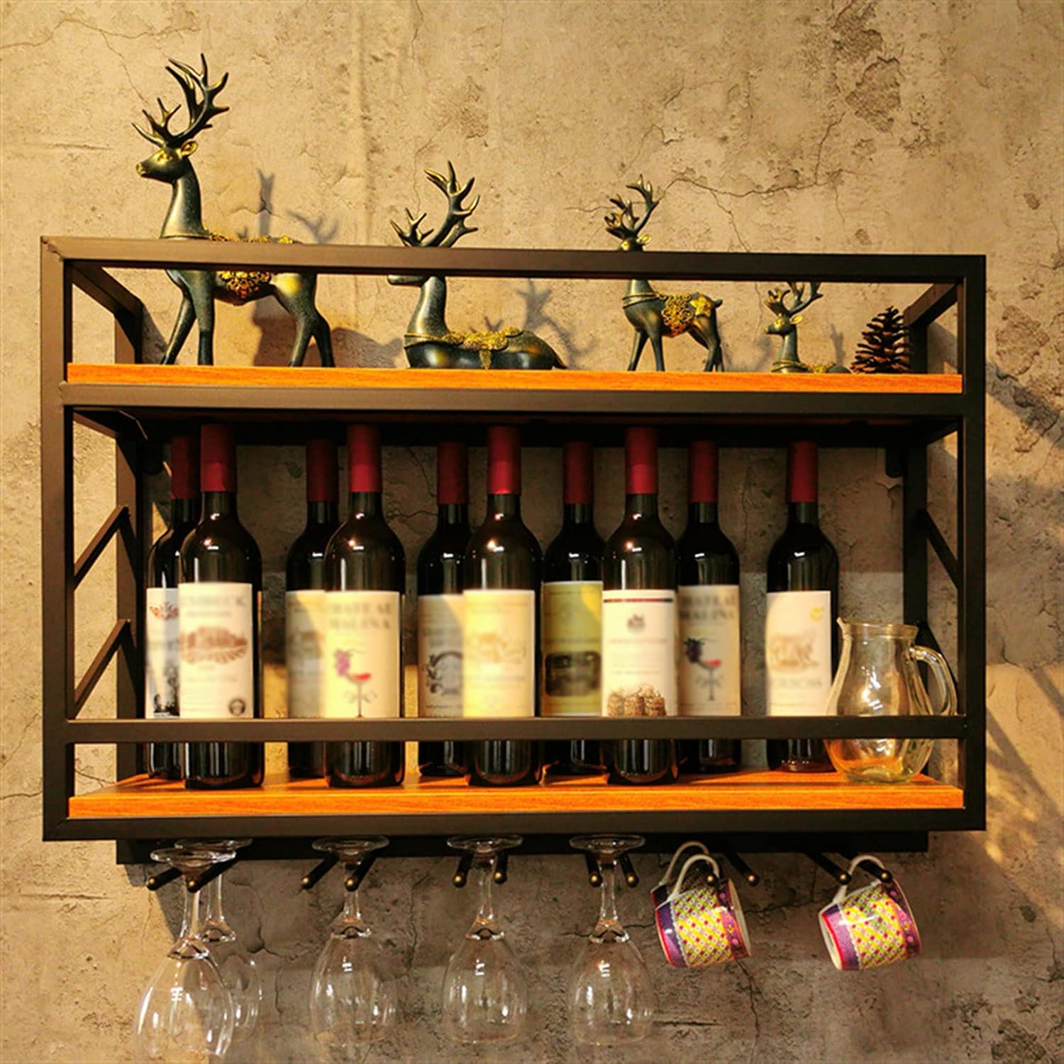 Wall Mounted Wine Rack with 2 Tiers and Glass Holder