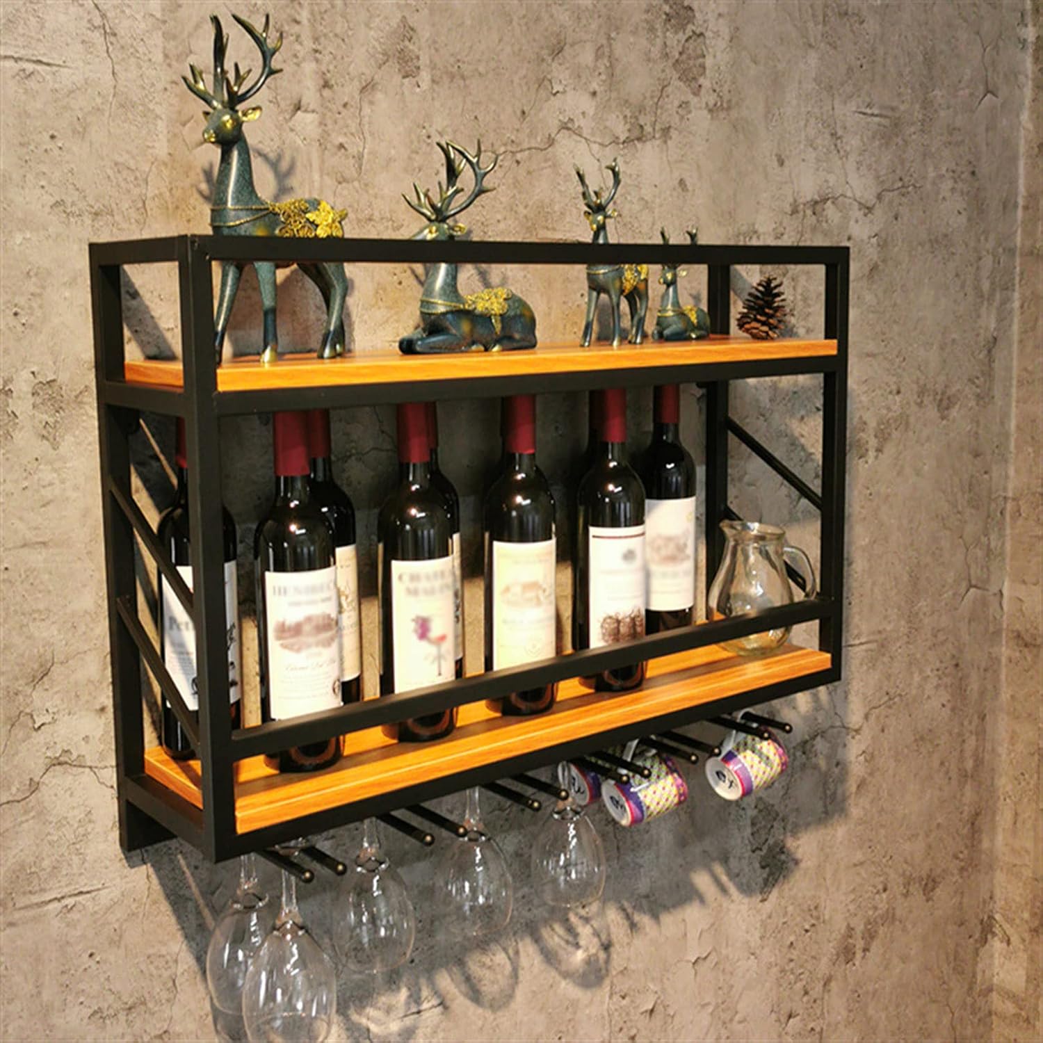 Wall Mounted Wine Rack with 2 Tiers and Glass Holder