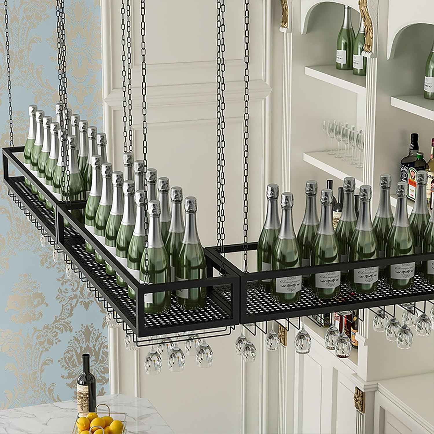 SDdPulse Hanging Wine Rack With Glass Holder And Adjustable Shelf