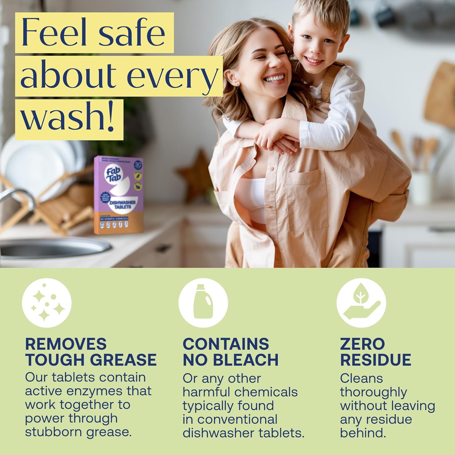 Fab Tab Dishwasher Tablets Unscented Plastic Free No Residue Family Safe
