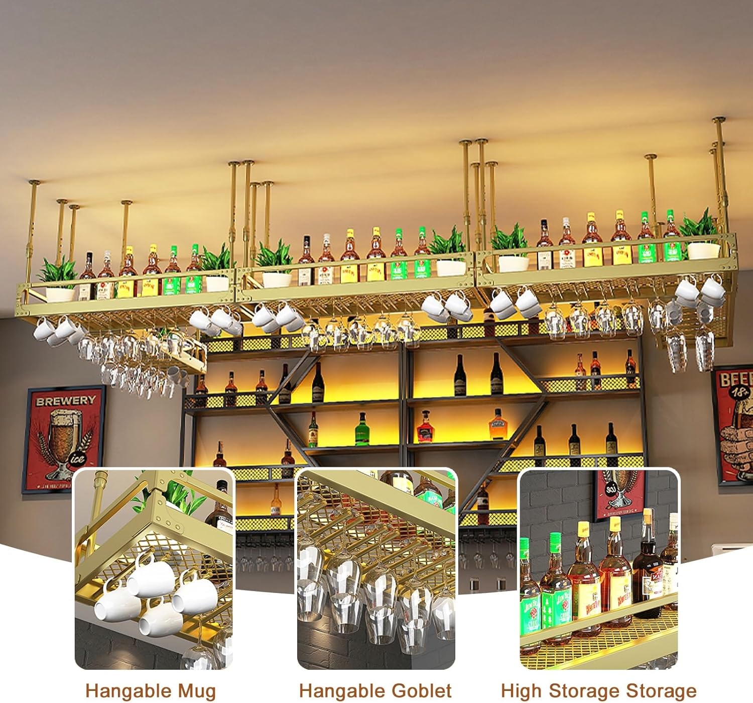 Generic Adjustable Ceiling Wine Glass Rack with LED Light