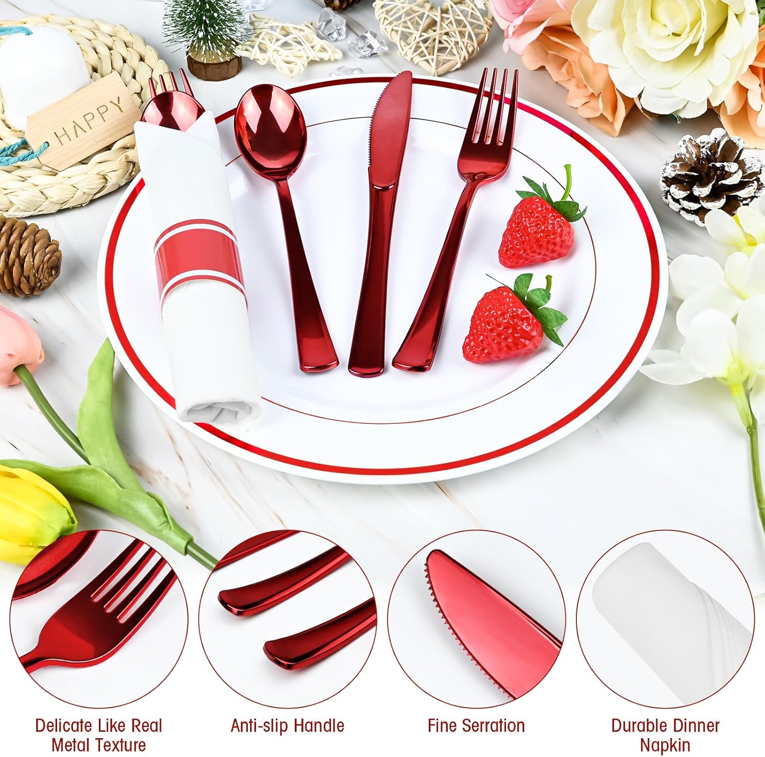 100Pack Red Pre-Rolled Plastic Cutlery Set with Napkins