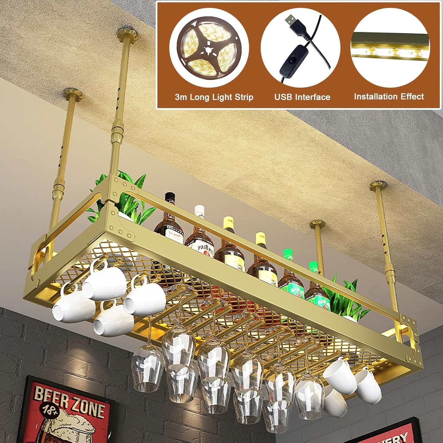 Generic Adjustable Ceiling Wine Glass Rack with LED Light