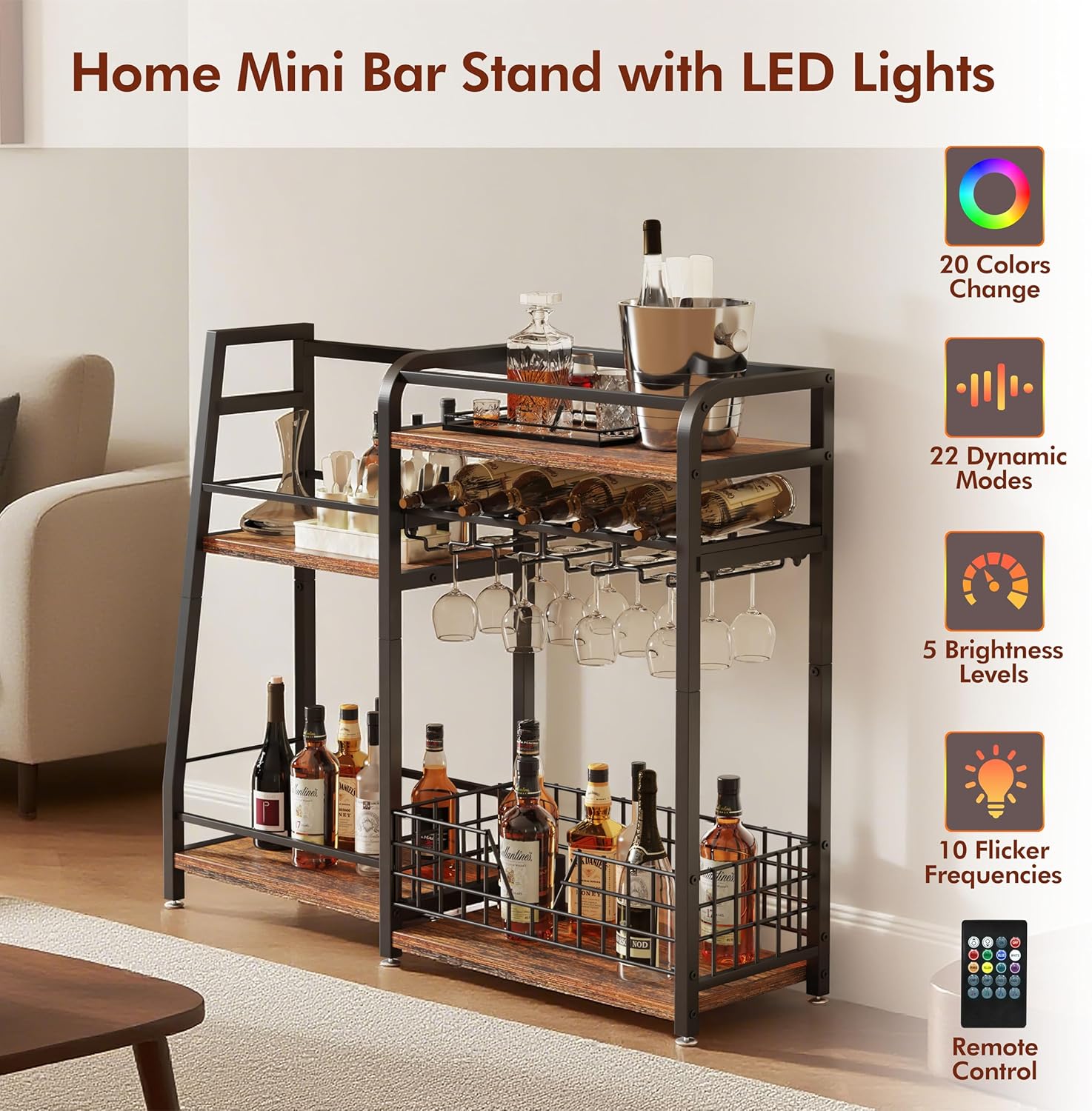 Modern Wine Rack with LED Lights 4 Rows