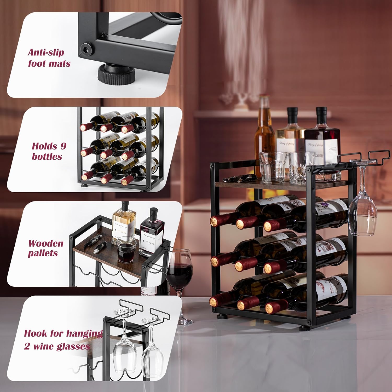 Facka 4-Tier Tabletop Wine Rack for Kitchen and Bar
