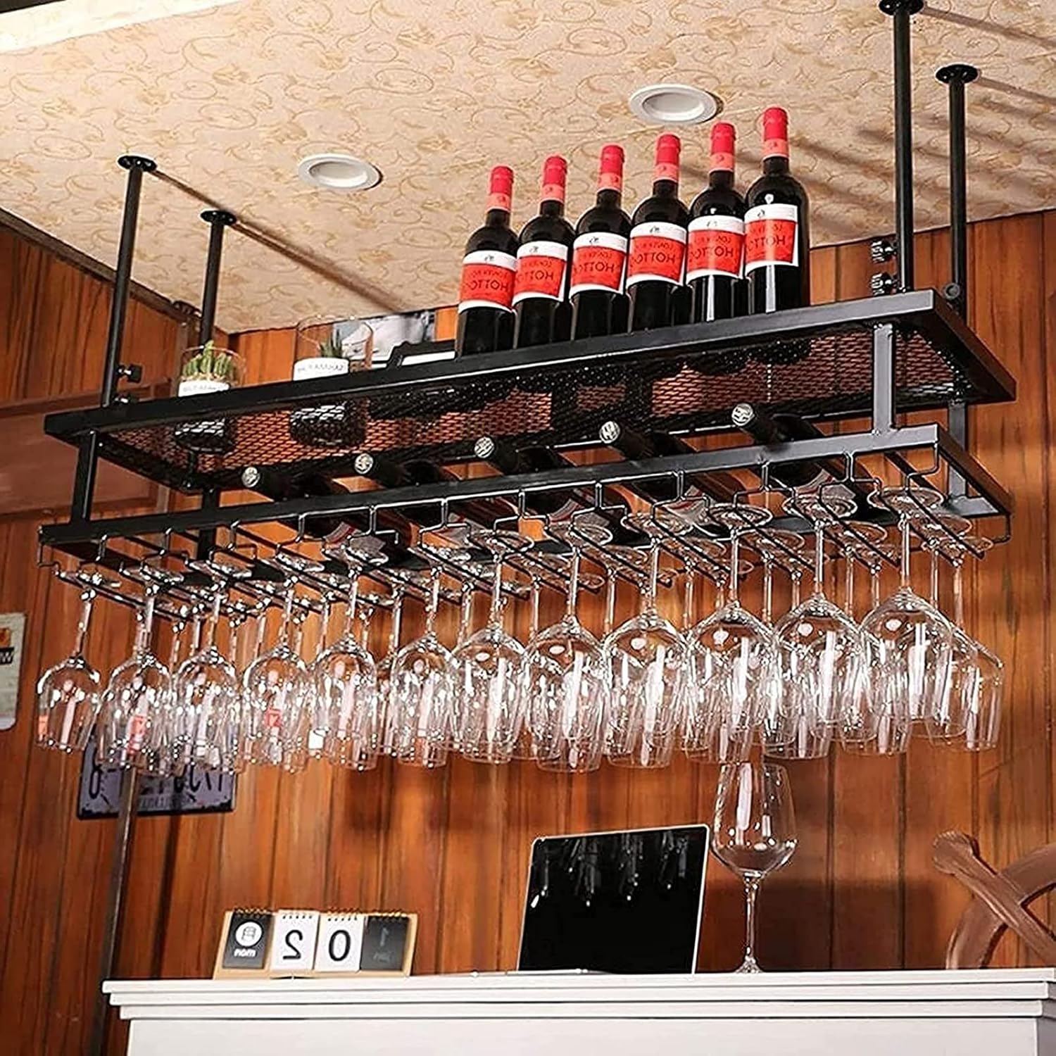 Hanging Wine Shelf with Glass Holder Adjustable Metal Wine Rack Storage 120cm