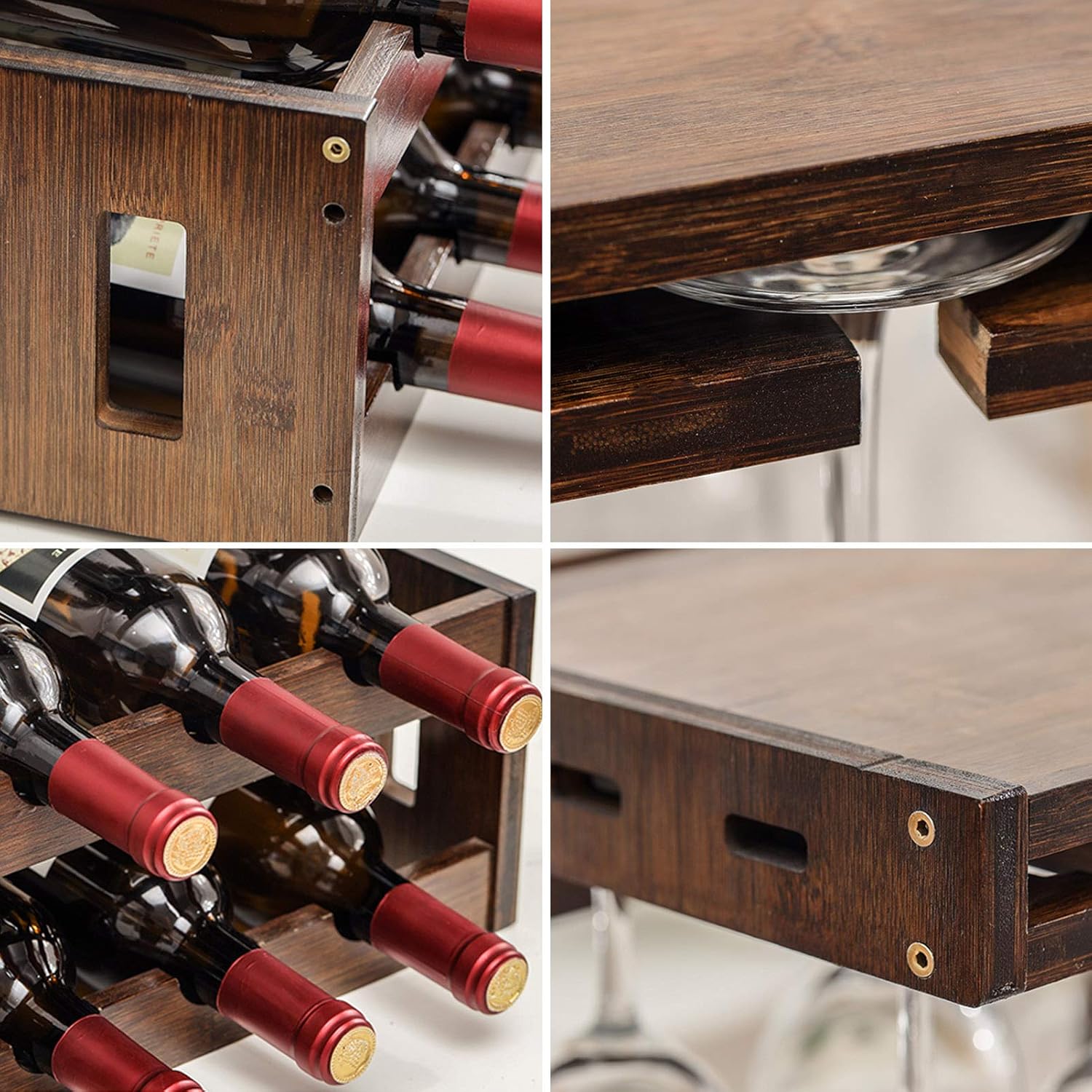 Bamboo Wine Rack Holder 6 Bottles 2 Rows Walnut