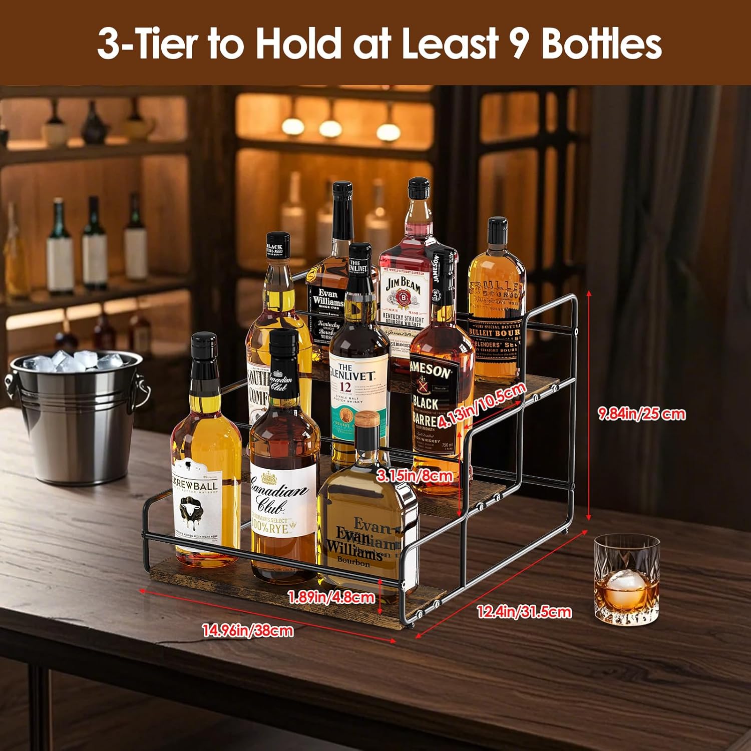 Nuovoware 3-Tier Liquor Display Shelf with Wooden Base