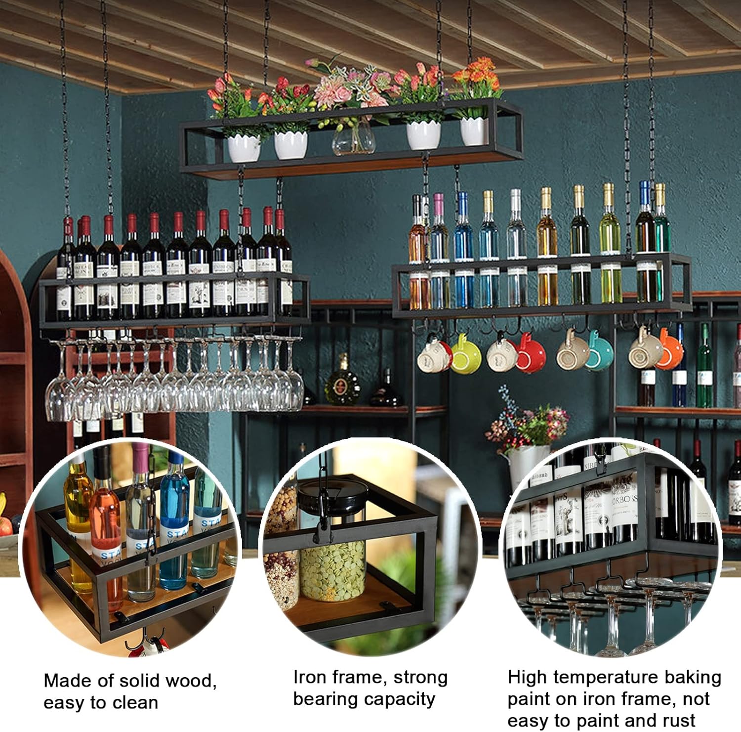 Adjustable Ceiling Wine Shelf with Glass Durable Metal Stand Wall-Mounted Organizer