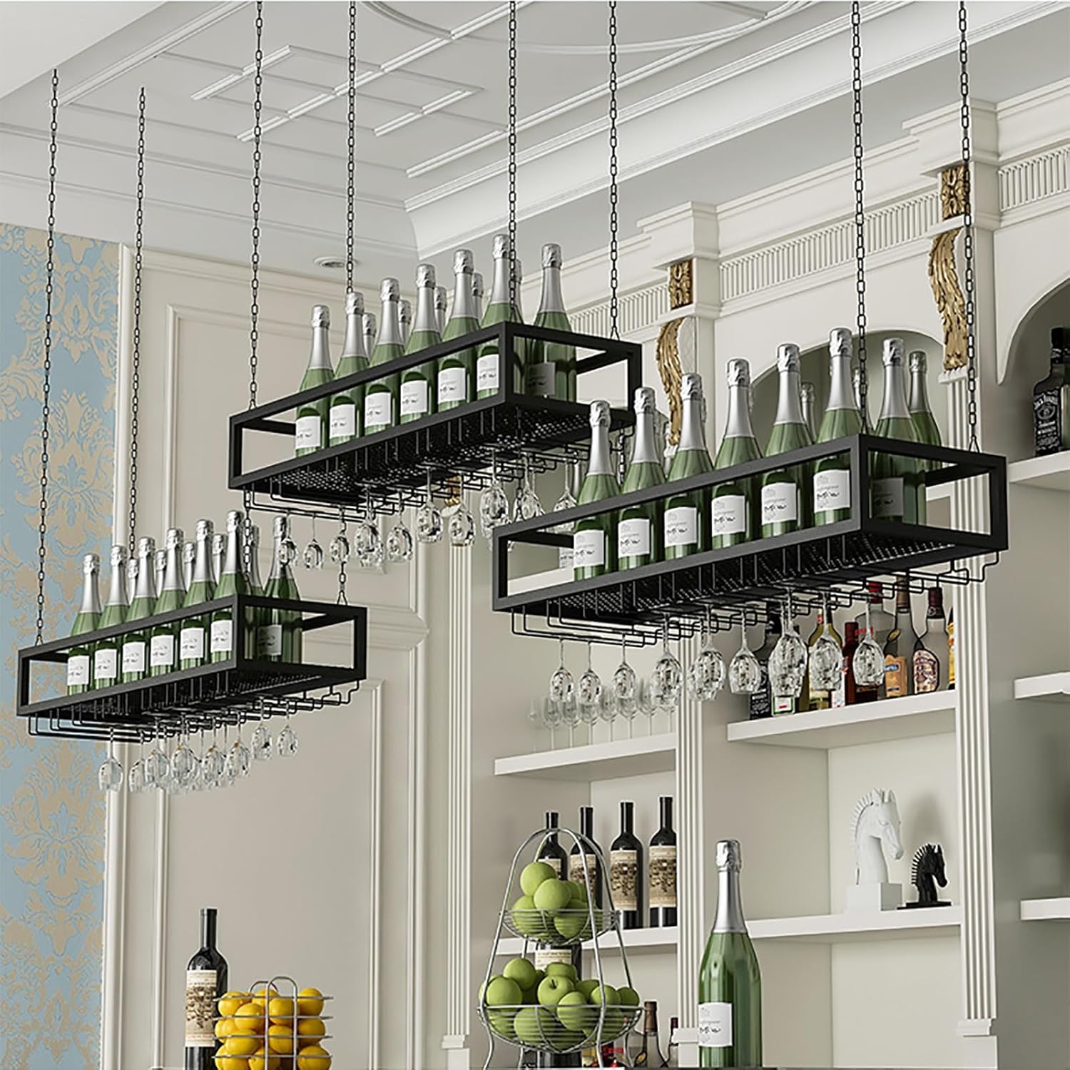 SDdPulse Hanging Wine Rack With Glass Holder And Adjustable Shelf