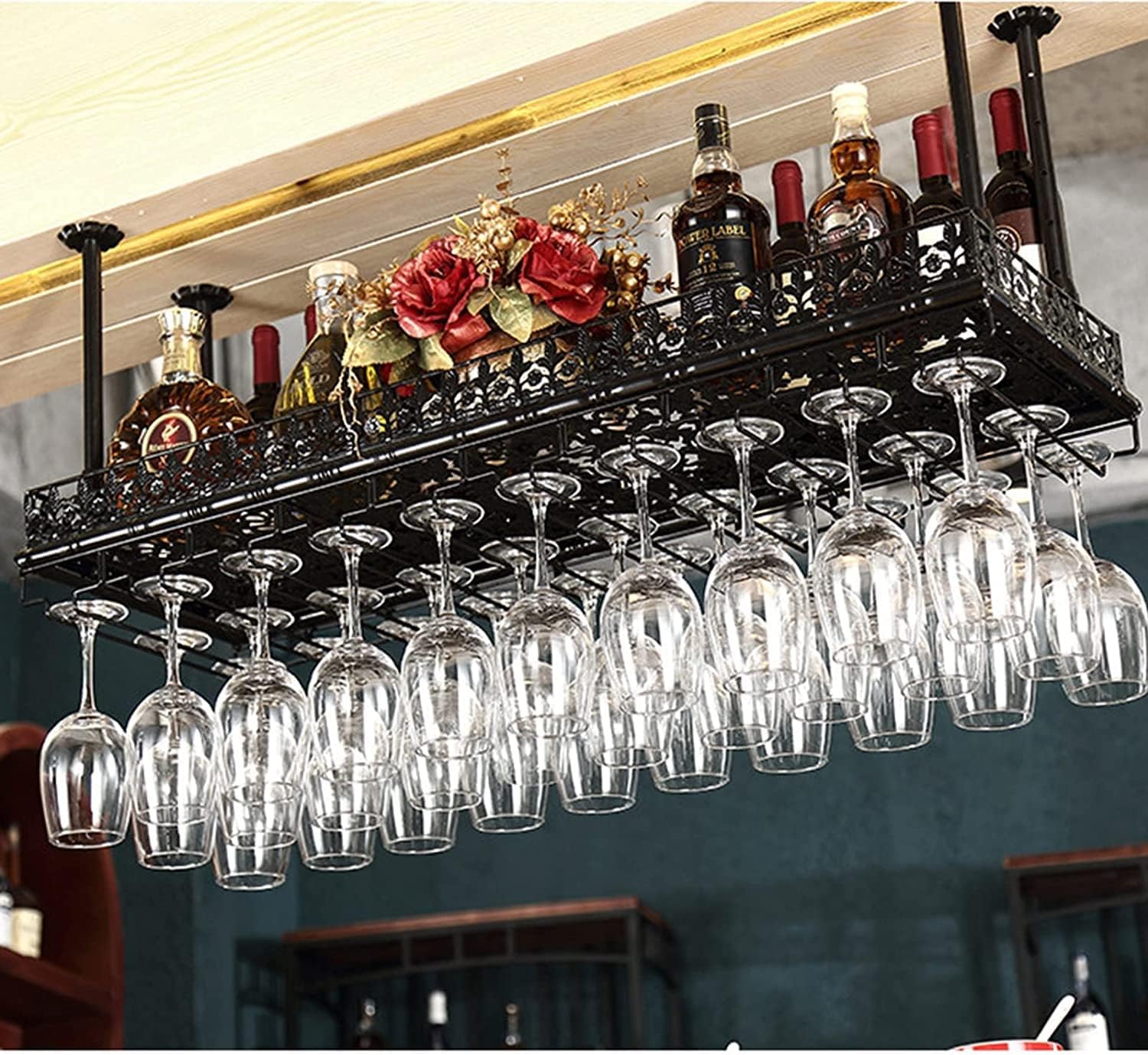 Wine Rack Ceiling Holder Black Metal Floating Wine Glass Storage Shelf