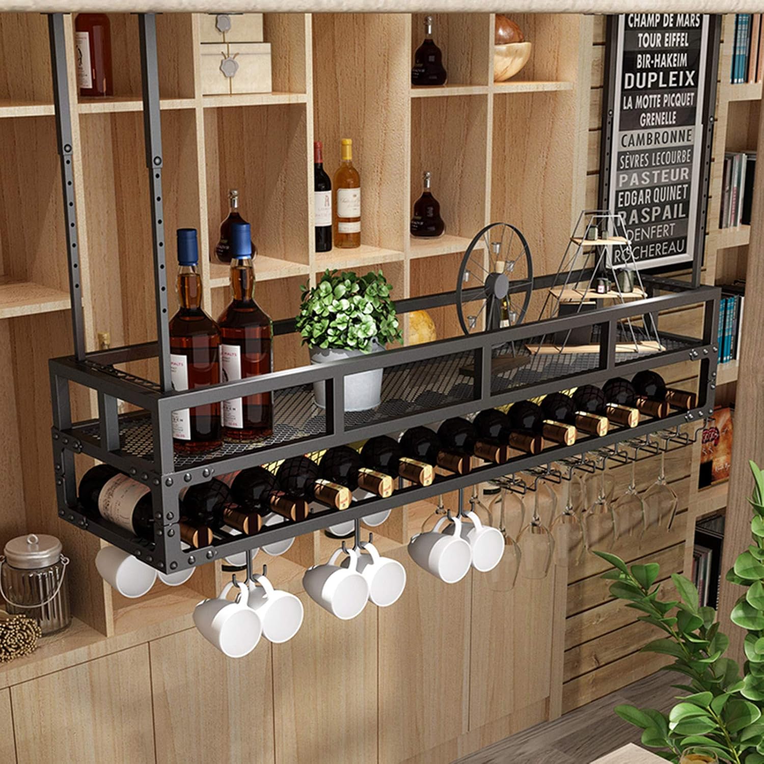 Ceiling Hanging Wine Glass Rack Organizer Black