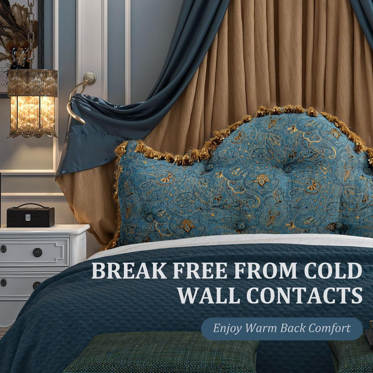 Rucener Euro Headboard Pillow Queen Size Blue with Gold Design