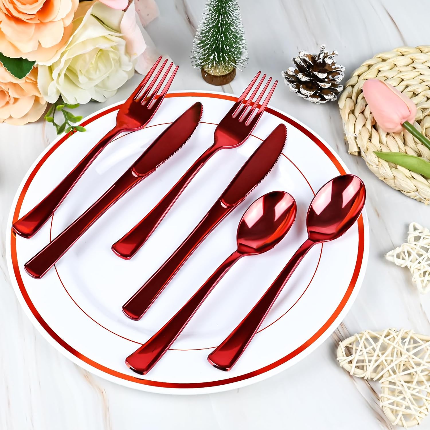 100Pack Red Pre-Rolled Plastic Cutlery Set with Napkins