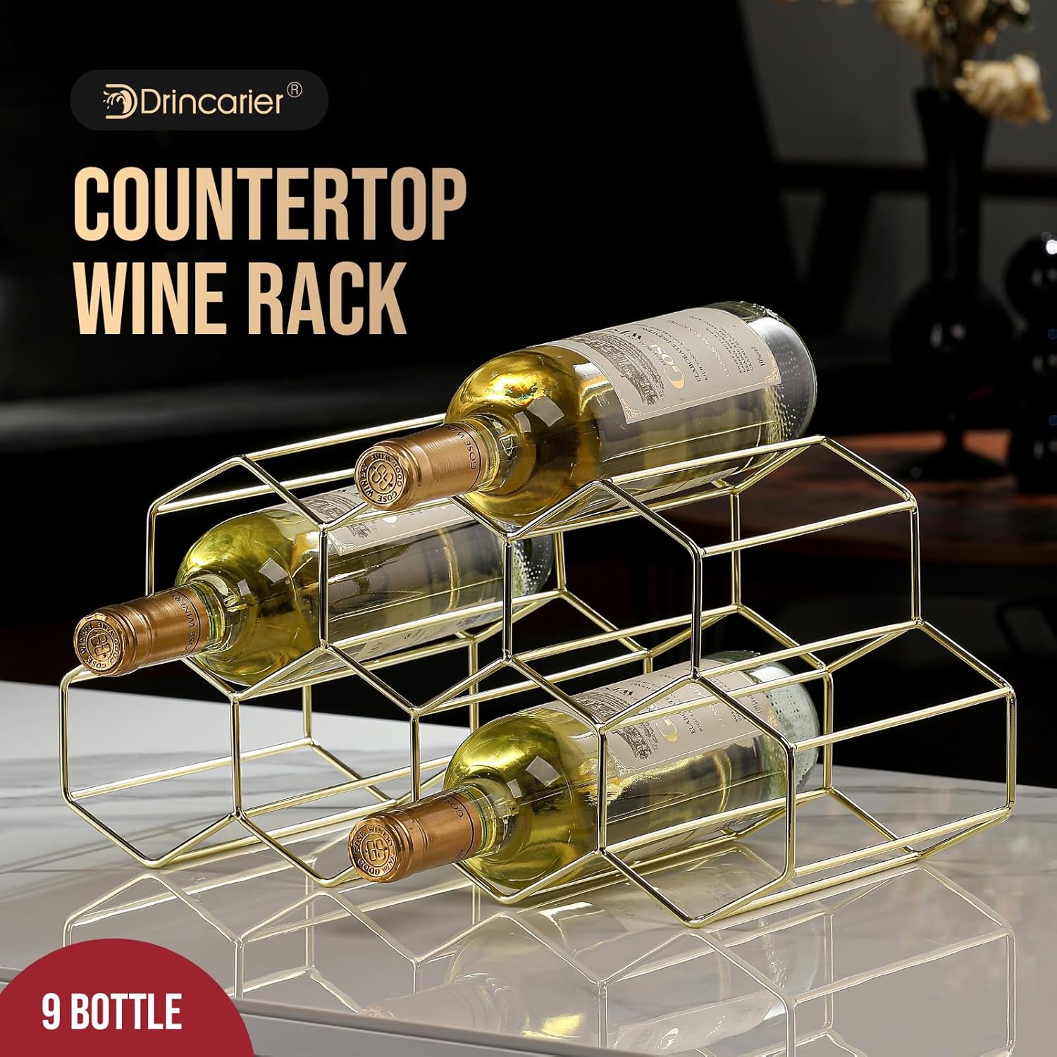 Drincarier 9 Bottle Countertop Wine Rack - Gold Metal 2 Tier