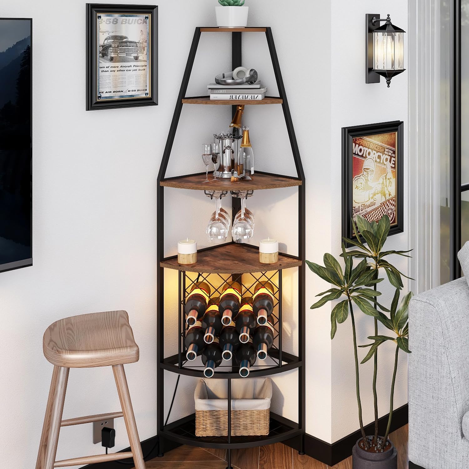 Espelism 5-Tier Corner Wine Rack with LED Light 1