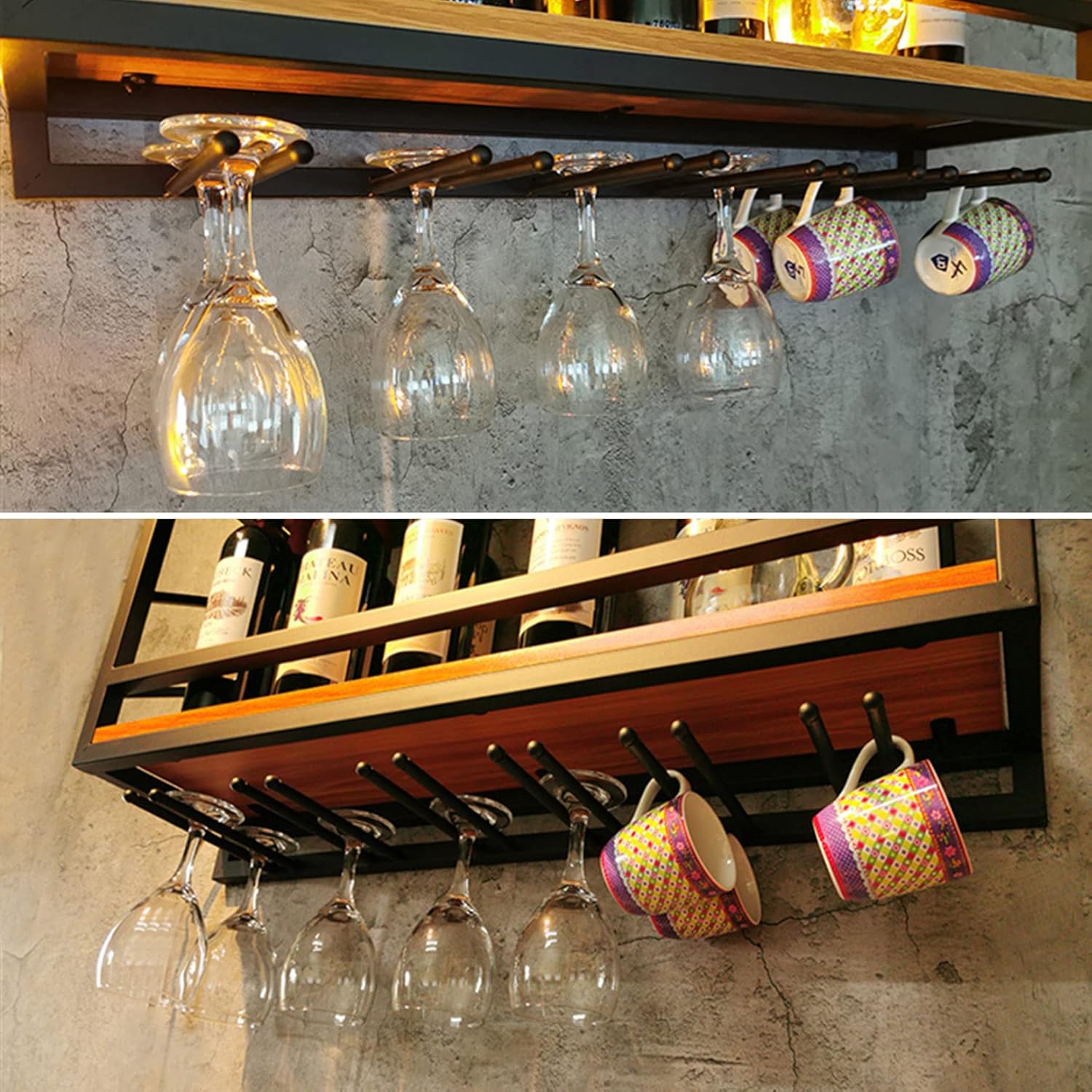 Wall Mounted Wine Rack with 2 Tiers and Glass Holder